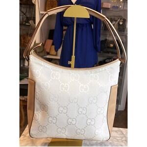 Vintage Gucci GG Shoulder Bag White Canvas Leather Large Logo Authentic